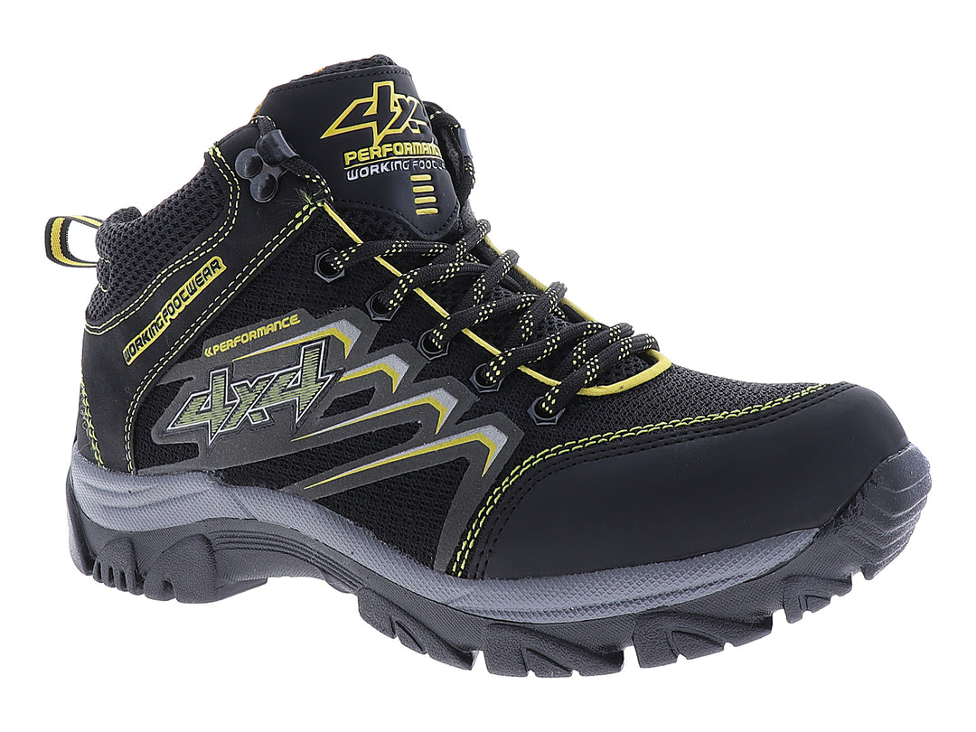 Zapato deportivo de seguridad marca 4X4 en color negro con detalles amarillos y suela gris.