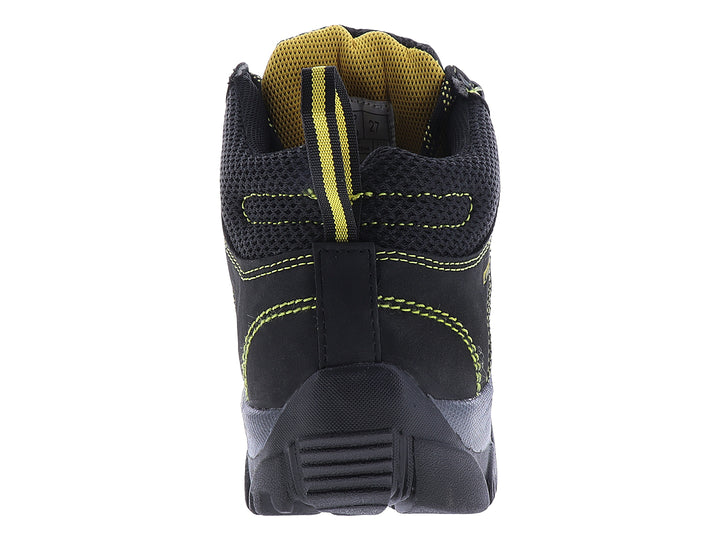 Zapato deportivo de seguridad marca 4X4 en color negro con detalles amarillos y suela gris.