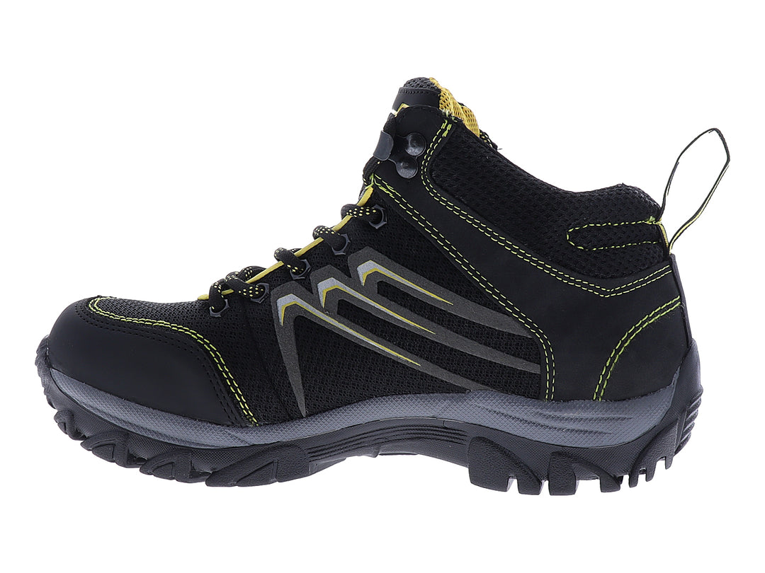 Zapato deportivo de seguridad marca 4X4 en color negro con detalles amarillos y suela gris.
