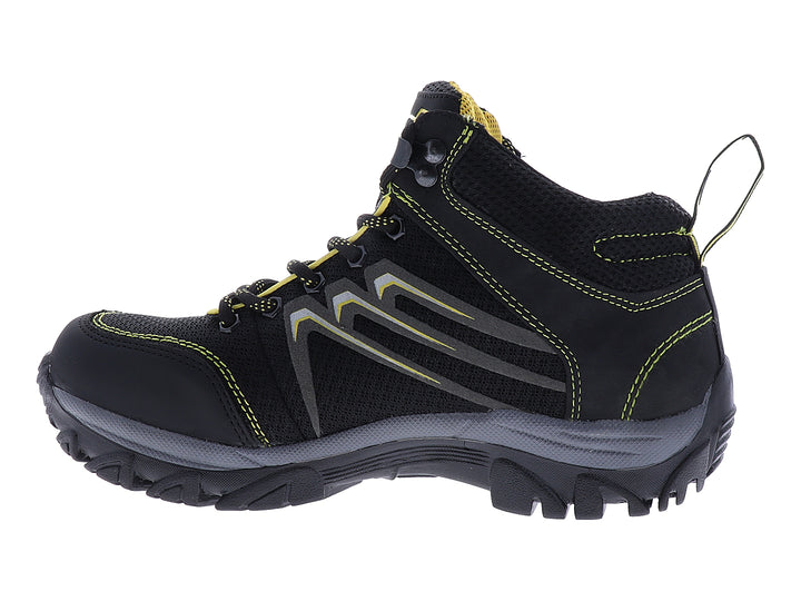 Zapato deportivo de seguridad marca 4X4 en color negro con detalles amarillos y suela gris.