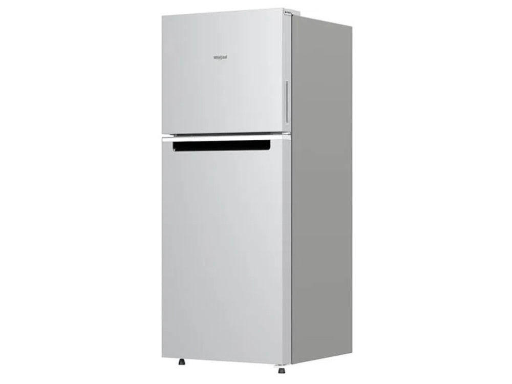 Refrigerador Whirlpool de acero inoxidable con diseño moderno y vertical.