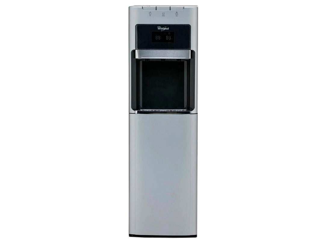 Enfriador de agua Whirlpool color plata con panel de control digital y diseño de torre.