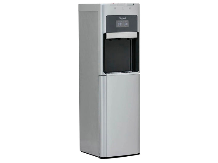 Enfriador de agua Whirlpool color plata con panel de control digital y diseño de torre.