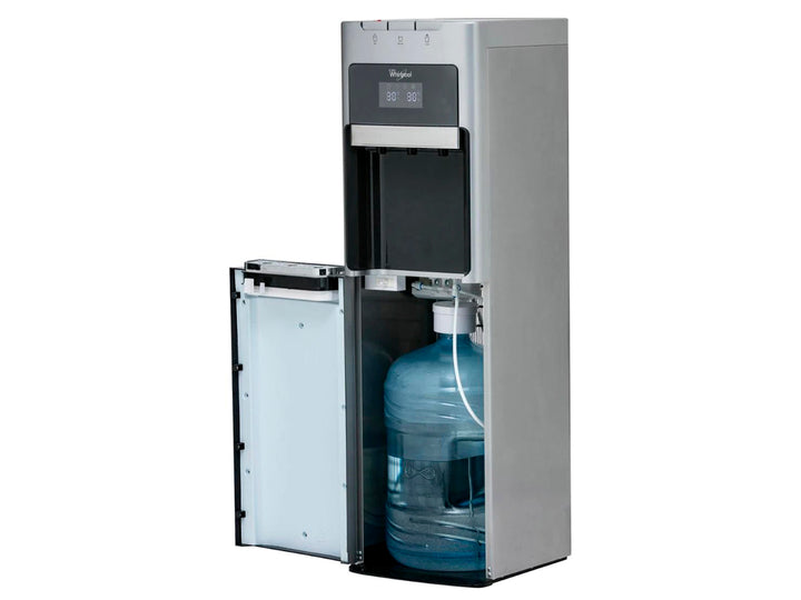 Enfriador de agua Whirlpool color plata con panel de control digital y diseño de torre.