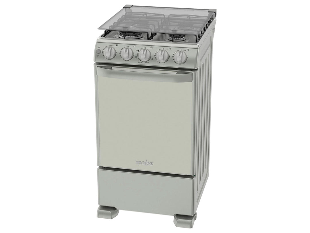 Estufa Mabe de 4 quemadores color plata mercury con tapa de vidrio y horno integrado.