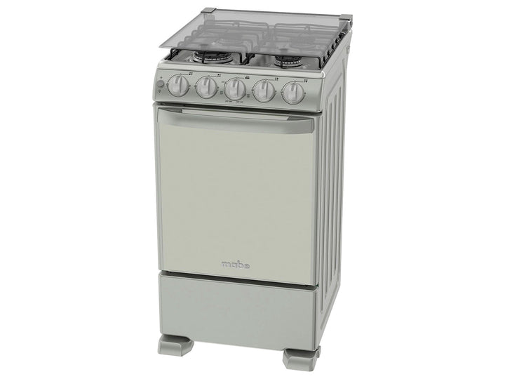 Estufa Mabe de 4 quemadores color plata mercury con tapa de vidrio y horno integrado.