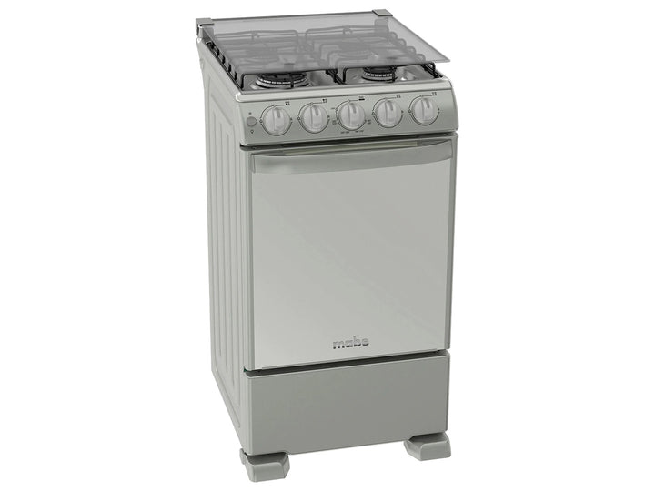 Estufa Mabe de 4 quemadores color plata mercury con tapa de vidrio y horno integrado.