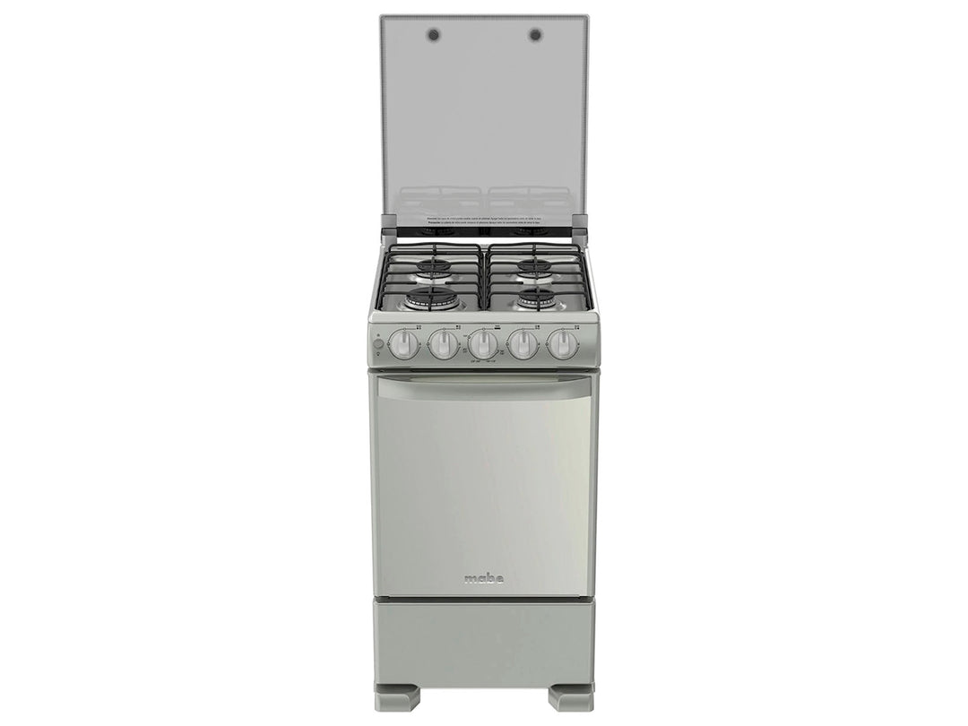 Estufa Mabe de 4 quemadores color plata mercury con tapa de vidrio y horno integrado.