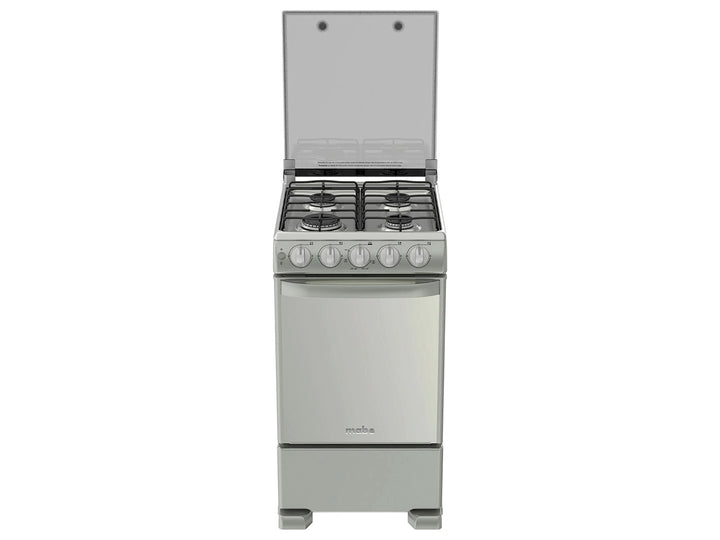 Estufa Mabe de 4 quemadores color plata mercury con tapa de vidrio y horno integrado.