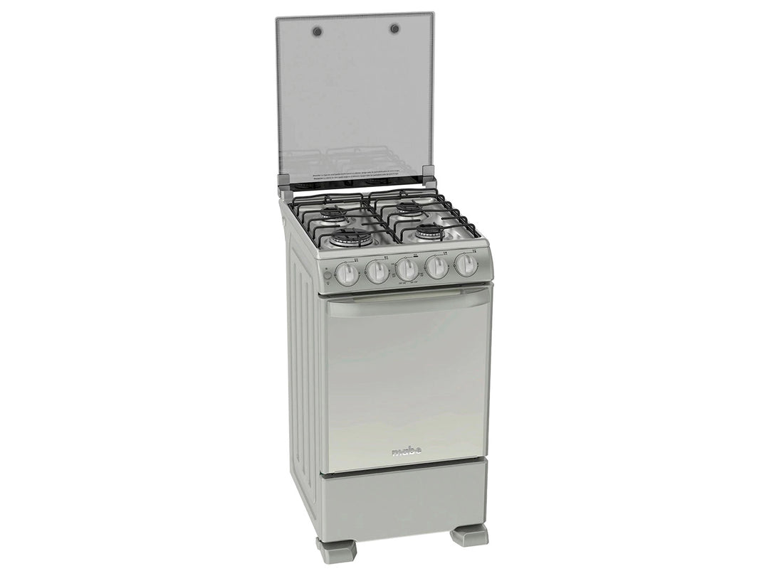 Estufa Mabe de 4 quemadores color plata mercury con tapa de vidrio y horno integrado.