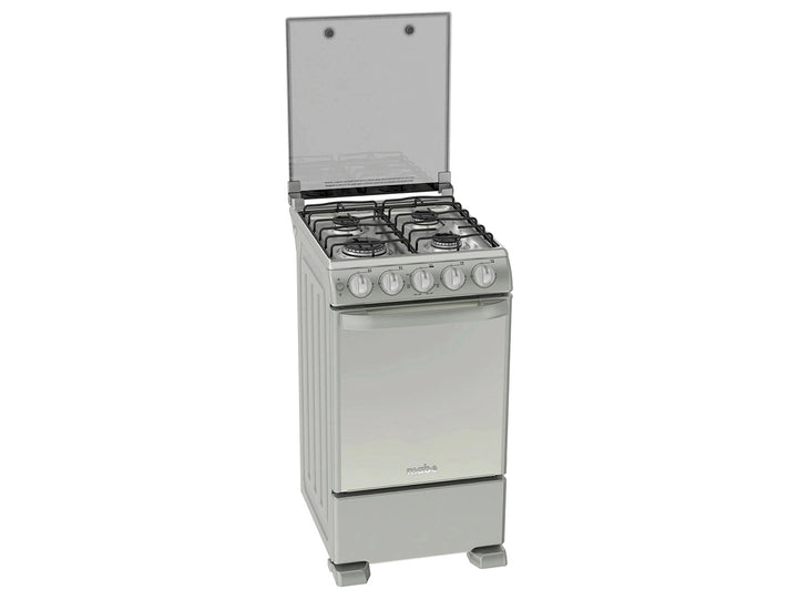 Estufa Mabe de 4 quemadores color plata mercury con tapa de vidrio y horno integrado.