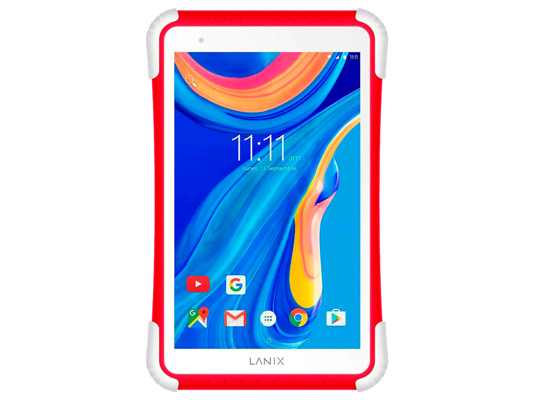 Tablet Lanix Ilium Pad RX8 Kids en color rojo y blanco con funda protectora resistente.