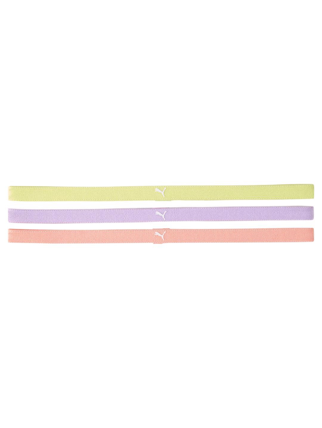 Pack de 3 bandas deportivas PUMA en colores pastel: amarillo claro, lavanda y rosa palo.