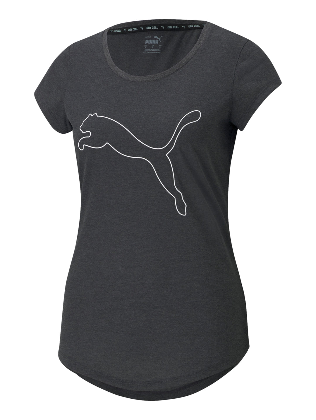 Playera deportiva PUMA color gris oscuro con logo del gato blanco en el pecho y cuello redondo.