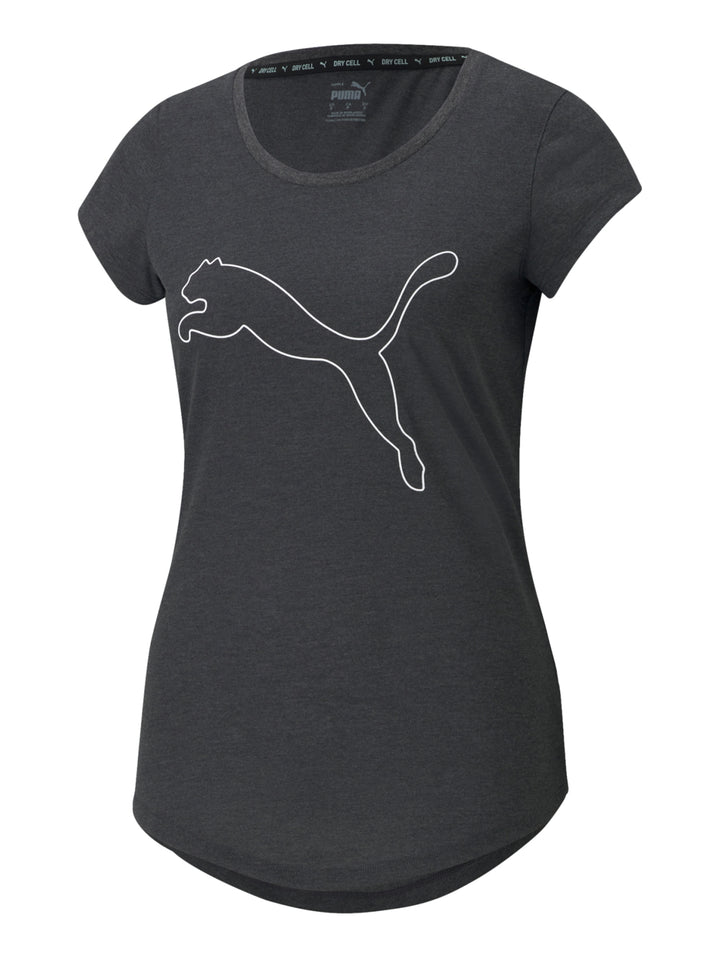Playera deportiva PUMA color gris oscuro con logo del gato blanco en el pecho y cuello redondo.
