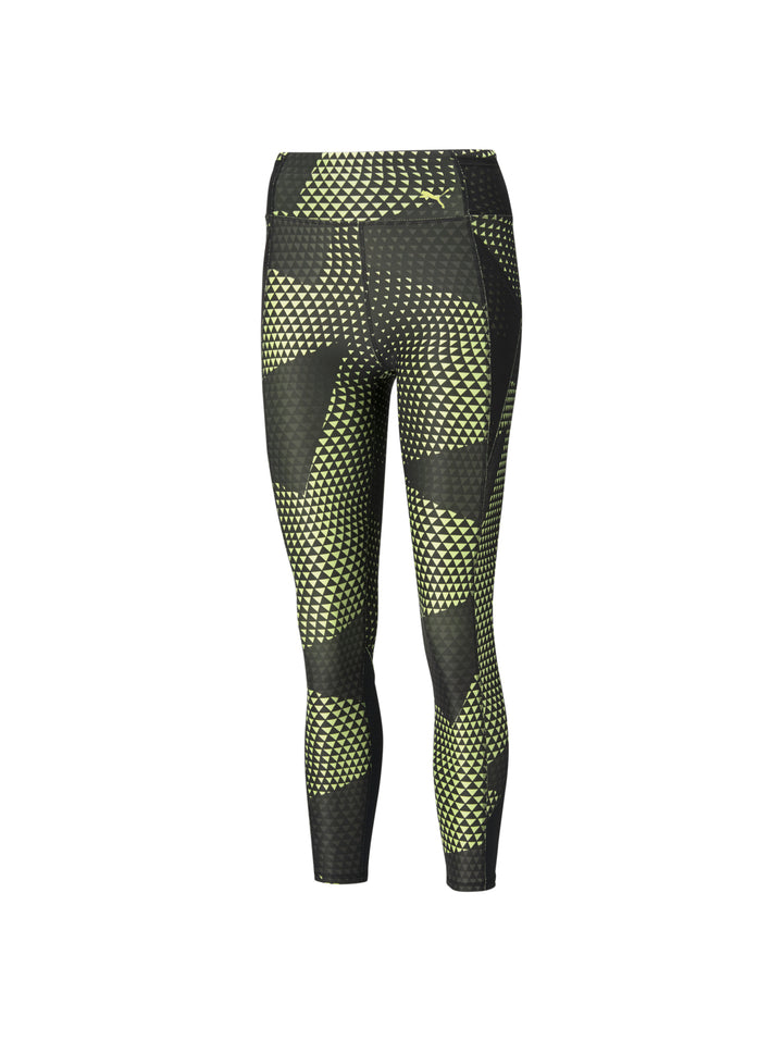 Leggings deportivos PUMA negros con estampado geométrico amarillo fluo, cintura alta y largo 7/8.