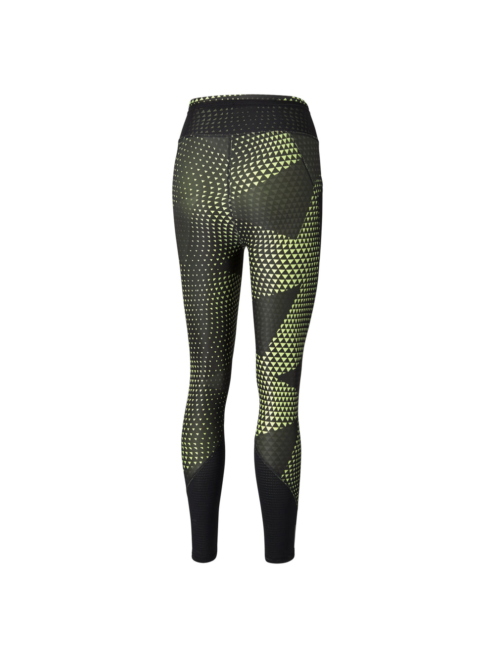 Leggings deportivos PUMA negros con estampado geométrico amarillo fluo, cintura alta y largo 7/8.