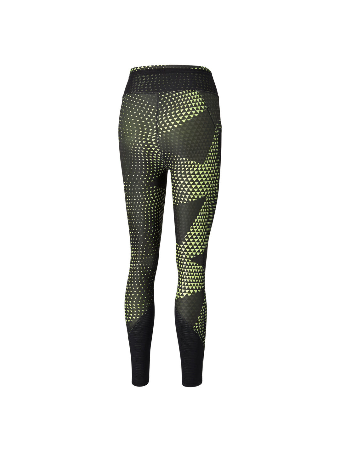 Leggings deportivos PUMA negros con estampado geométrico amarillo fluo, cintura alta y largo 7/8.