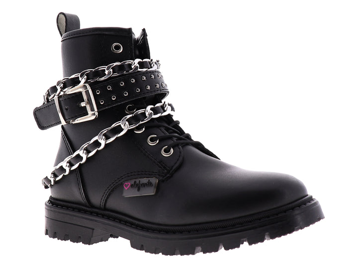 Botines negros para niña con detalles de cadenas plateadas y suela track.