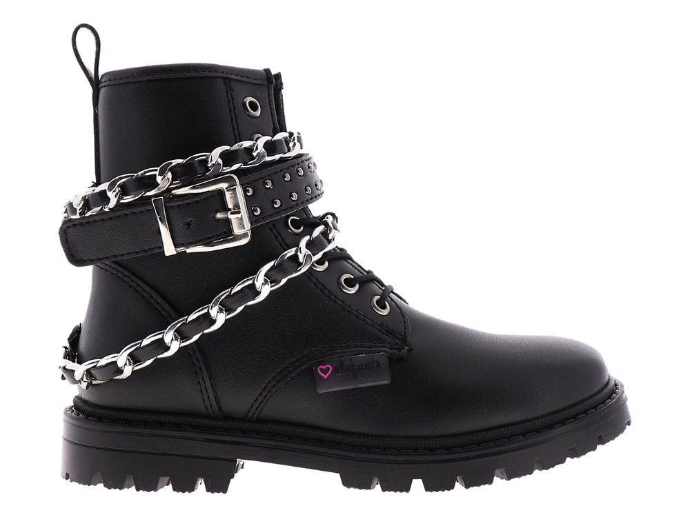 Botines negros para niña con detalles de cadenas plateadas y suela track.