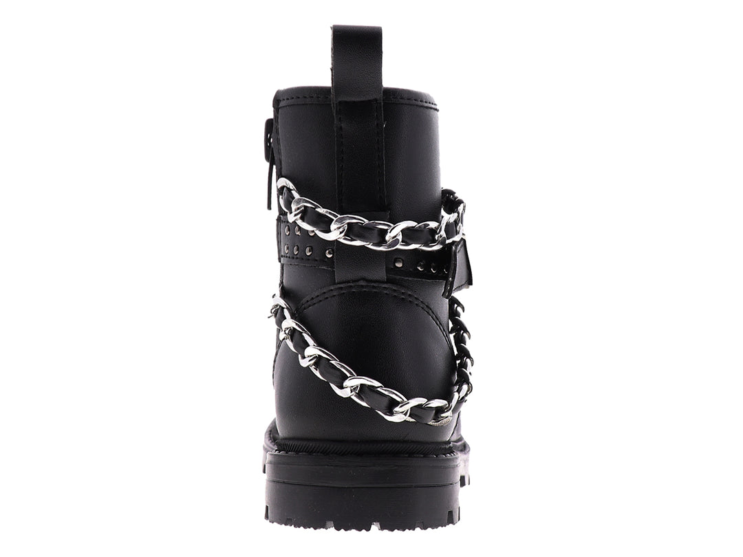 Botines negros para niña con detalles de cadenas plateadas y suela track.