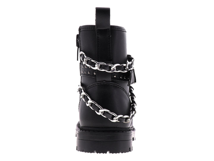 Botines negros para niña con detalles de cadenas plateadas y suela track.