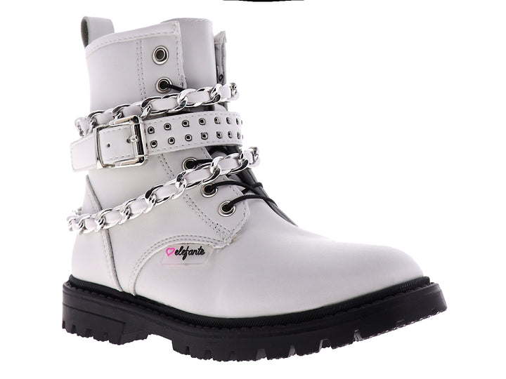 Botines blancos para niña con adornos de cadenas plateadas y suela negra gruesa