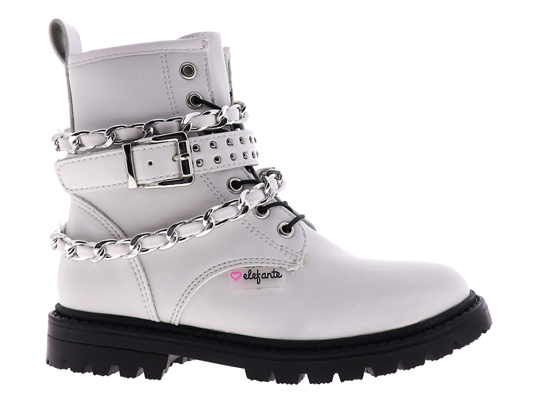 Botines blancos para niña con adornos de cadenas plateadas y suela negra gruesa