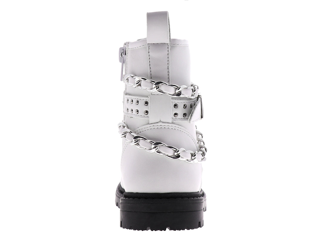 Botines blancos para niña con adornos de cadenas plateadas y suela negra gruesa