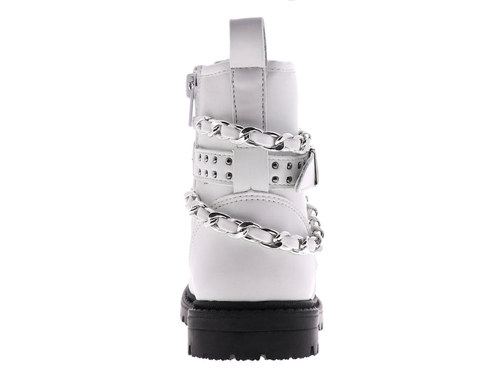 Botines blancos para niña con adornos de cadenas plateadas y suela negra gruesa