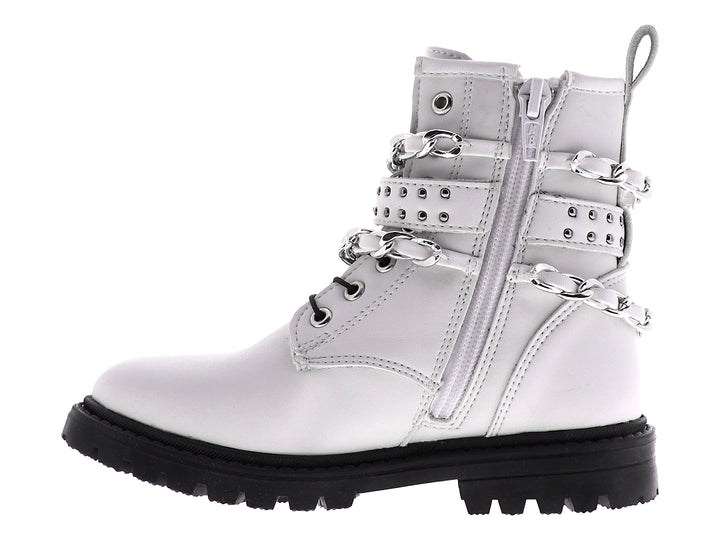 Botines blancos para niña con adornos de cadenas plateadas y suela negra gruesa