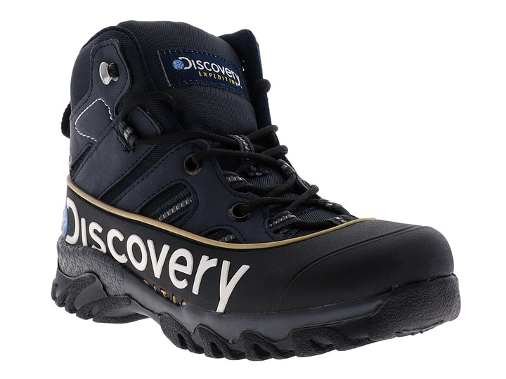 Bota Discovery color azul marino y negro con suela robusta y detalles dorados.