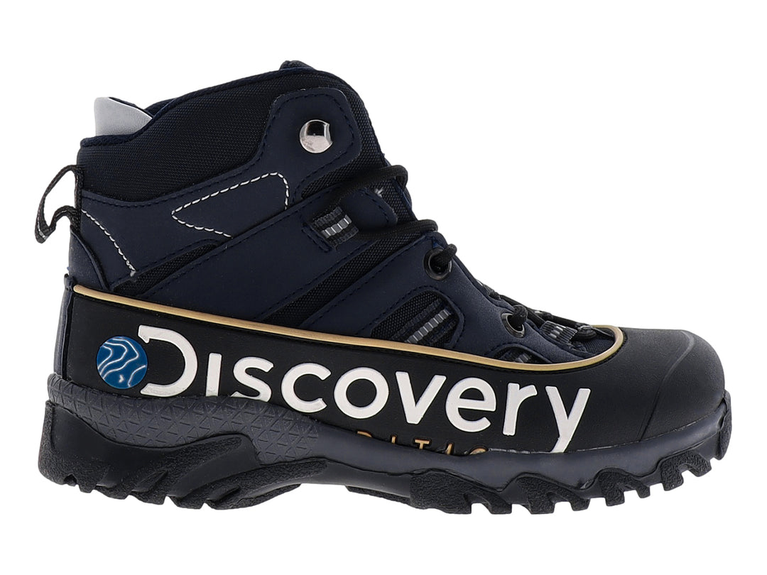 Bota Discovery color azul marino y negro con suela robusta y detalles dorados.