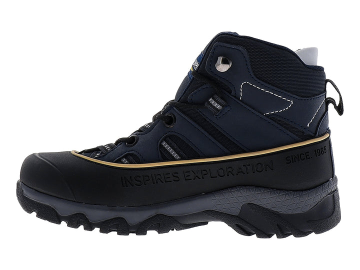 Bota Discovery color azul marino y negro con suela robusta y detalles dorados.
