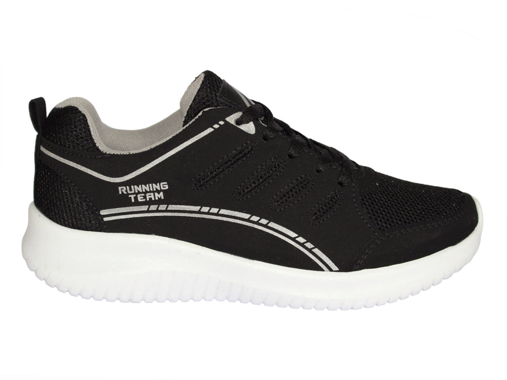 Tenis deportivos color negro con suela blanca y detalles en plata.