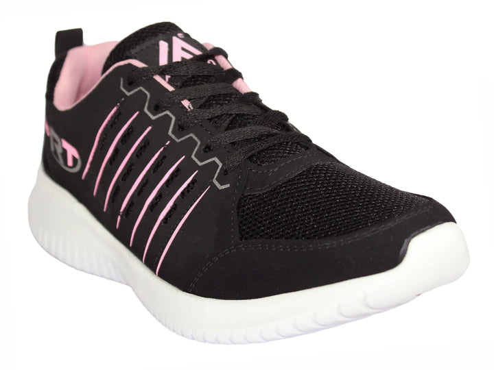 Tenis deportivos color negro con detalles en rosa y suela blanca para niña.