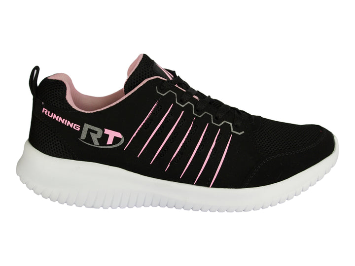 Tenis deportivos color negro con detalles en rosa y suela blanca para niña.