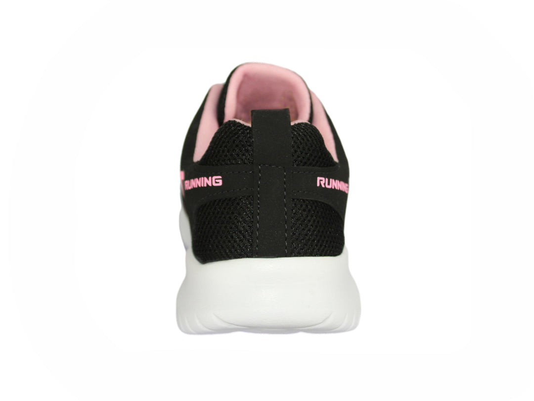 Tenis deportivos color negro con detalles en rosa y suela blanca para niña.