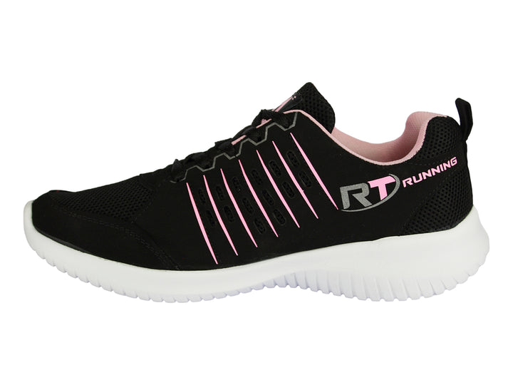 Tenis deportivos color negro con detalles en rosa y suela blanca para niña.