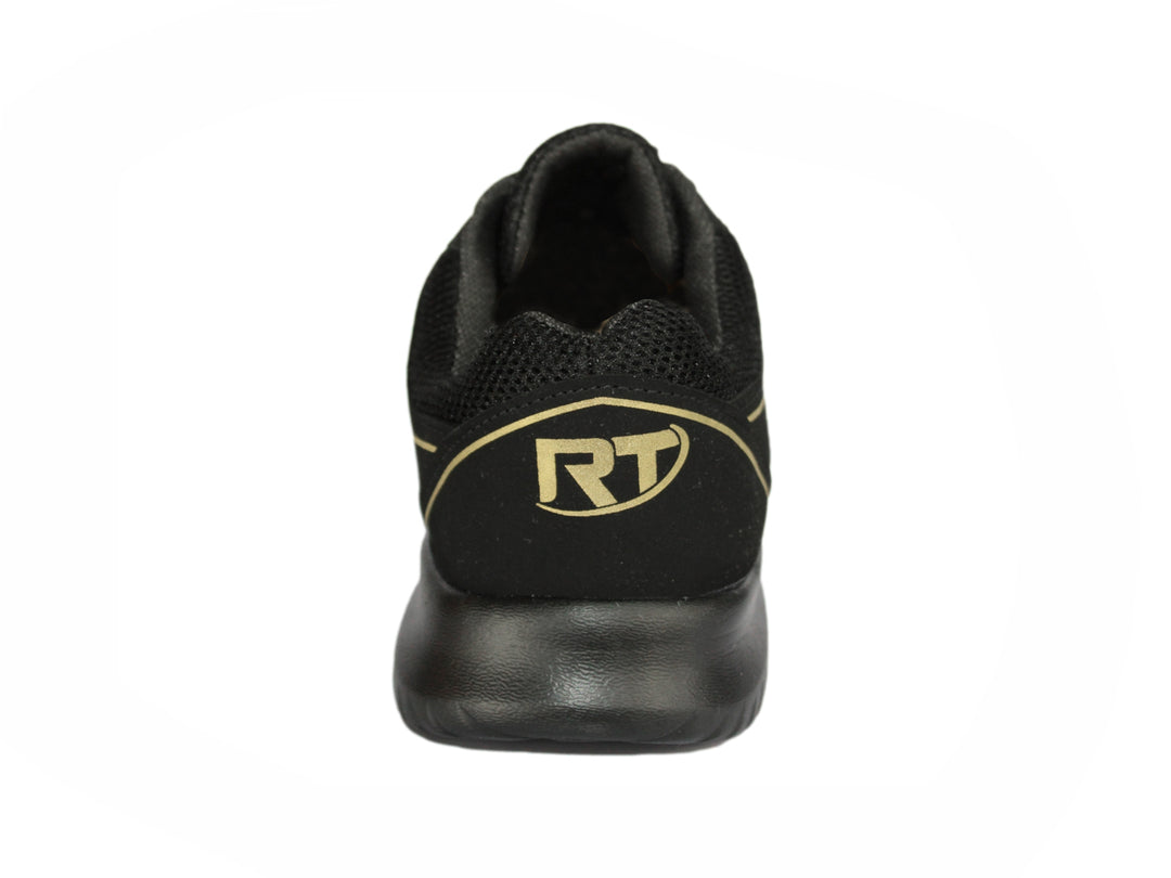 Tenis deportivos color negro con detalles y letras en color oro, diseño de malla transpirable.