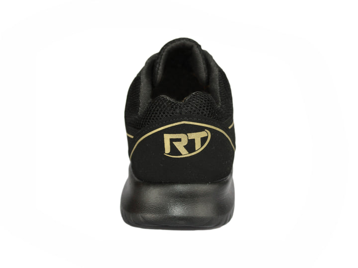 Tenis deportivos color negro con detalles y letras en color oro, diseño de malla transpirable.