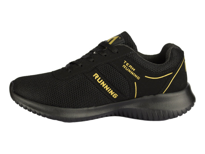 Tenis deportivos color negro con detalles y letras en color oro, diseño de malla transpirable.