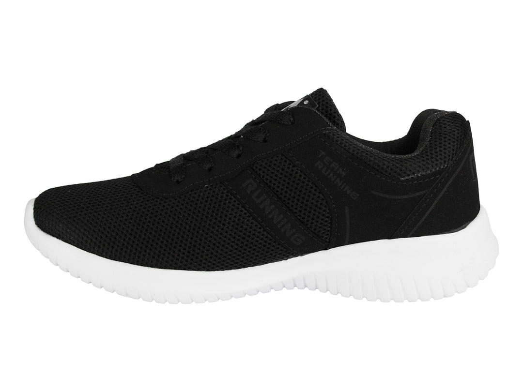 Tenis deportivos negros con suela blanca y tejido de malla.