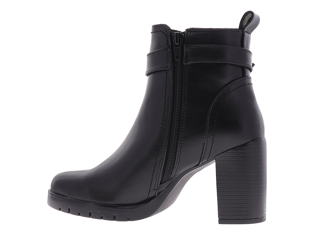 Botines negros para mujer con tacón grueso, plataforma y correa con hebilla plateada.