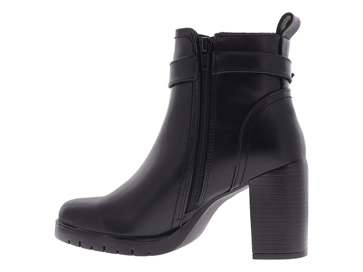 Botines negros para mujer con tacón grueso, plataforma y correa con hebilla plateada.