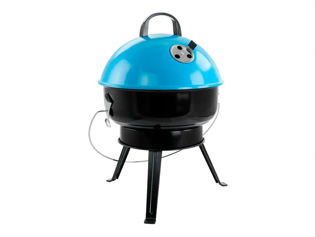 Asador portátil Gibson de color negro con tapa azul brillante y soporte de tres patas.