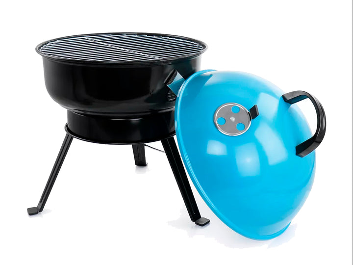 Asador portátil Gibson de color negro con tapa azul brillante y soporte de tres patas.
