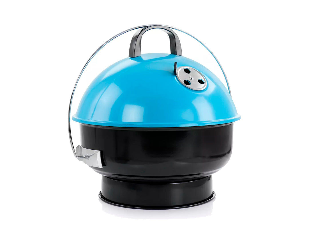 Asador portátil Gibson de color negro con tapa azul brillante y soporte de tres patas.