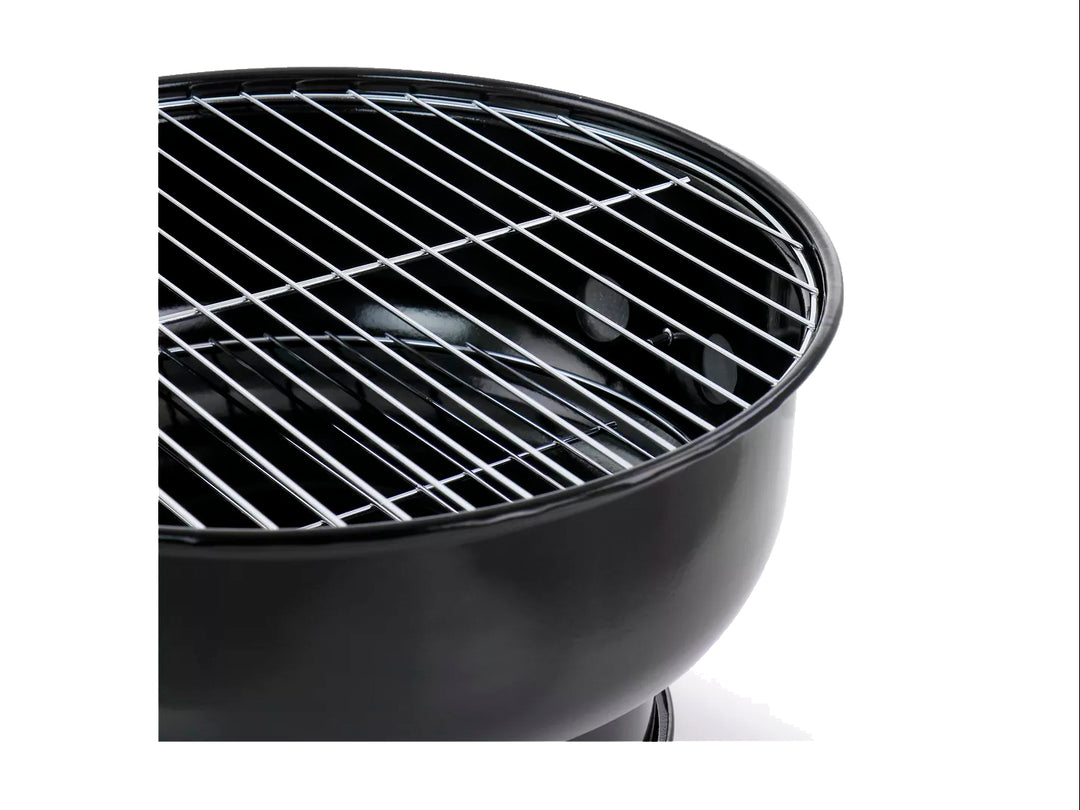 Asador portátil Gibson de color negro con tapa azul brillante y soporte de tres patas.