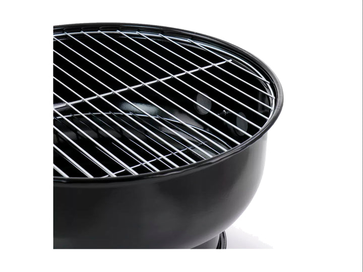 Asador portátil Gibson de color negro con tapa azul brillante y soporte de tres patas.